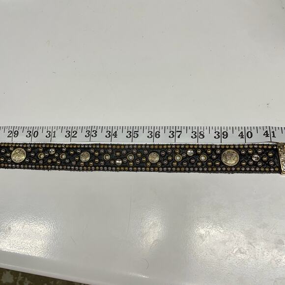 SAND CASTLE NY Belt S/M Black Leather Western Stud Engraved Buckle Vintage 80s - Picture 7 of 9